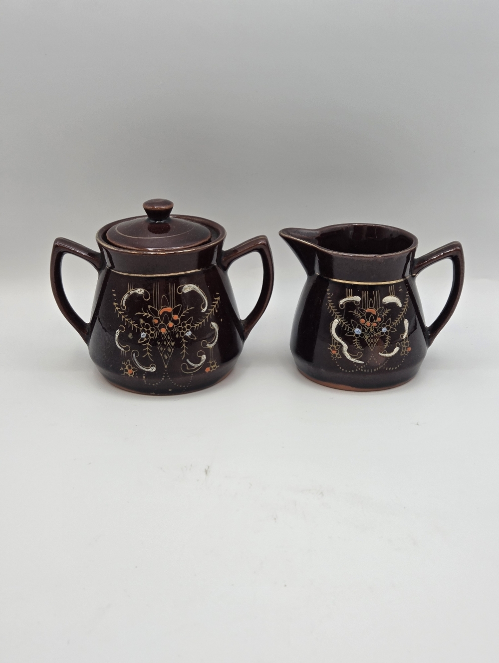 Vintage Japanese Moriage Redware Brown Betty Cream and Sugar